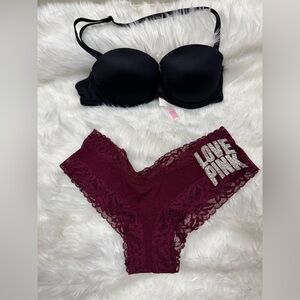 PINK Victoria's Secret Black Strapless and Burgundy Lace Intimates Set